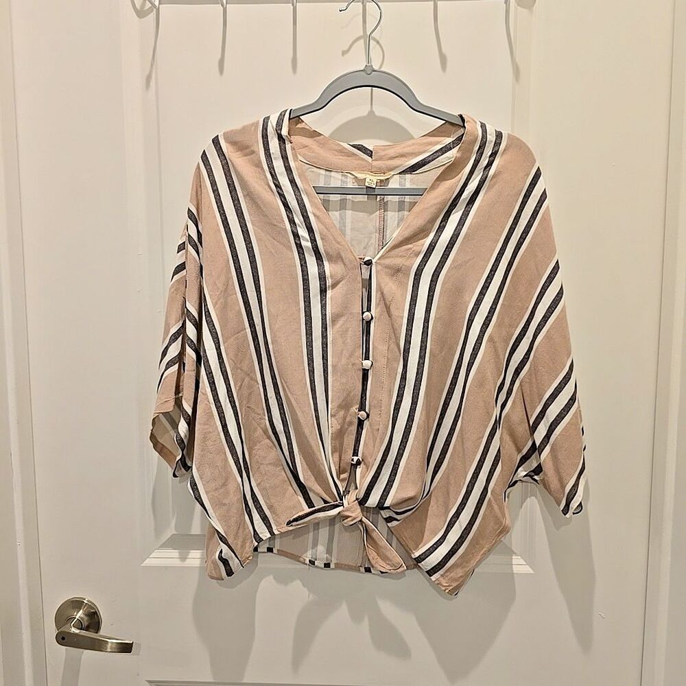 Sim & Sam Striped Tie Front Bouse Top Shirt XL Women's Pink Taupe Blue White